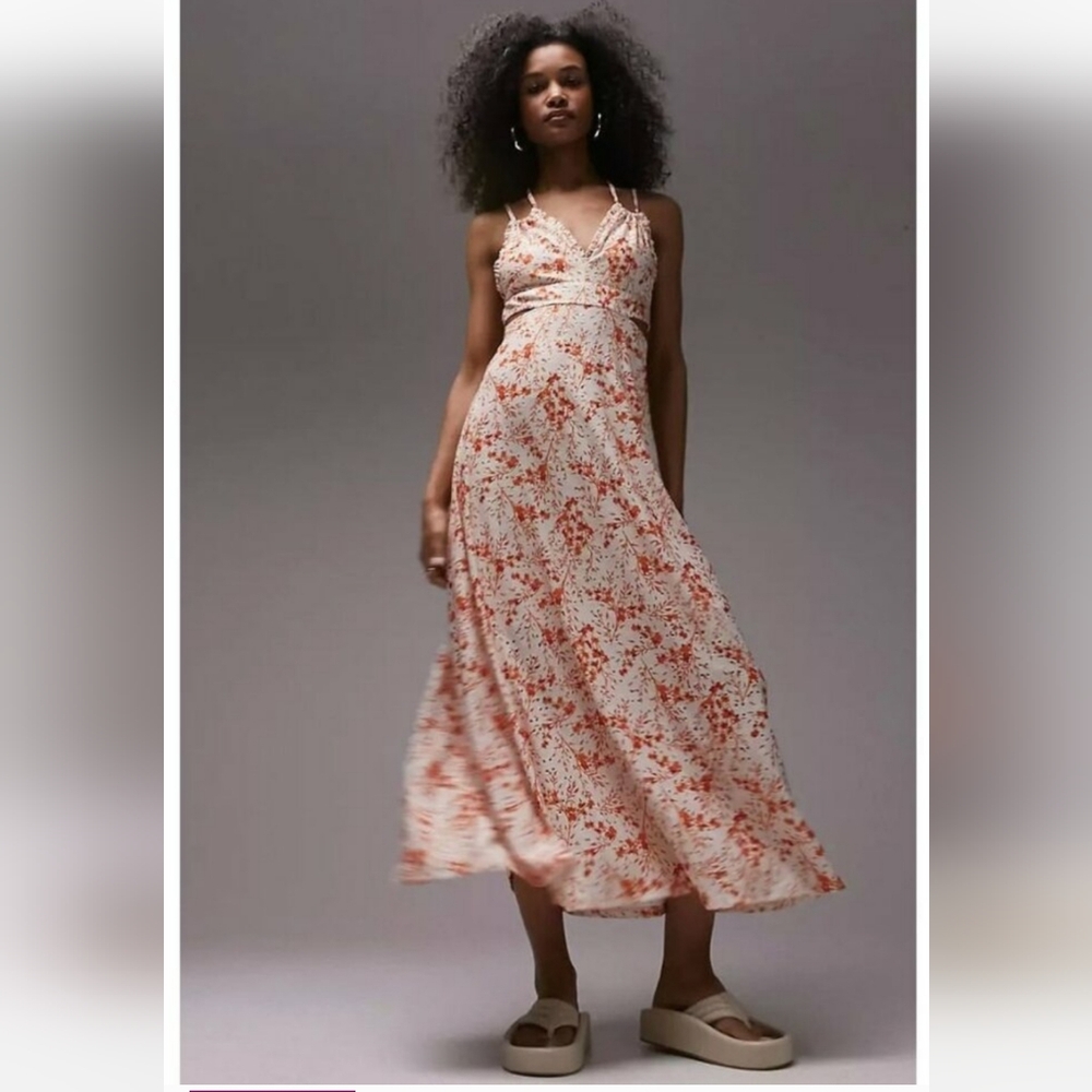 Topshop Eyelet Jersey V Neck Floral Midi Dress. Size L  NWOT